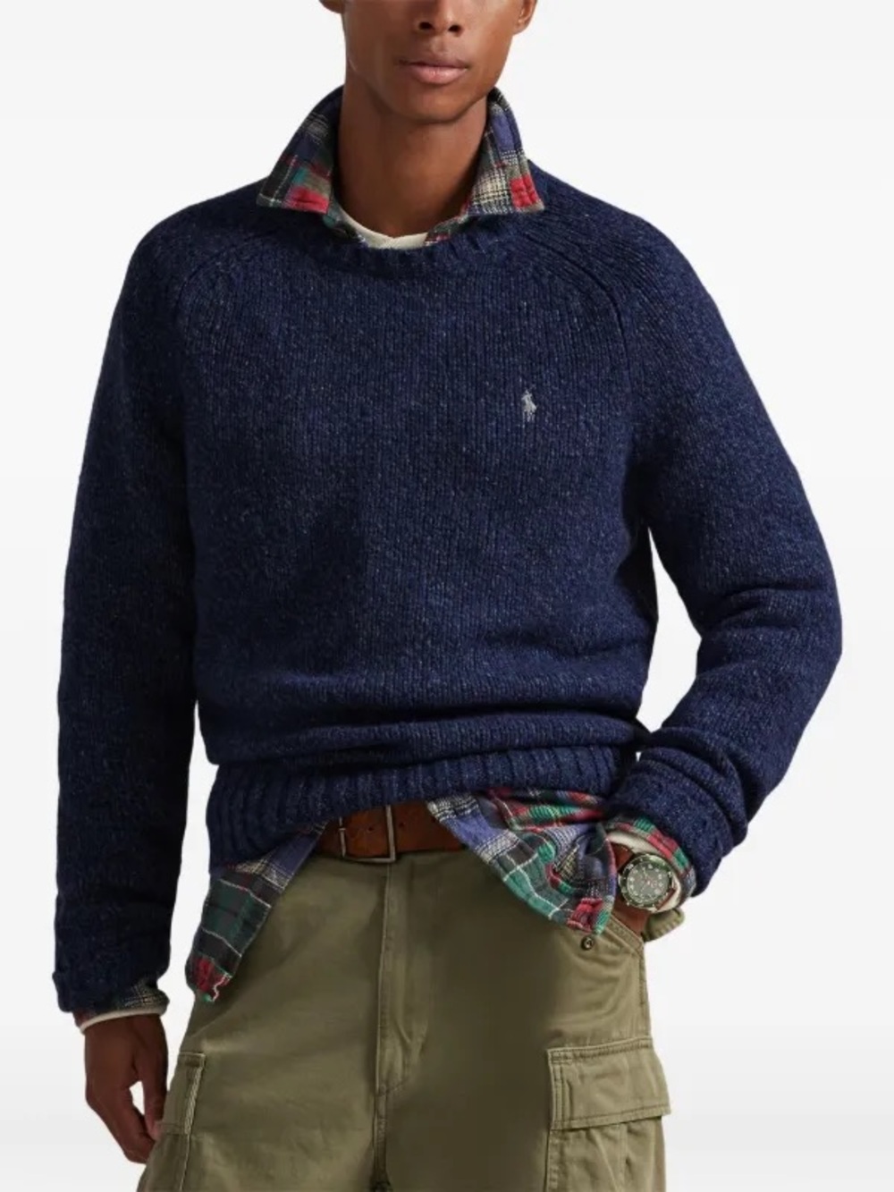 Polo‎ Ralph Lauren Marled Navy Blue Wool Blend Crewneck Sweater Logo Donegal